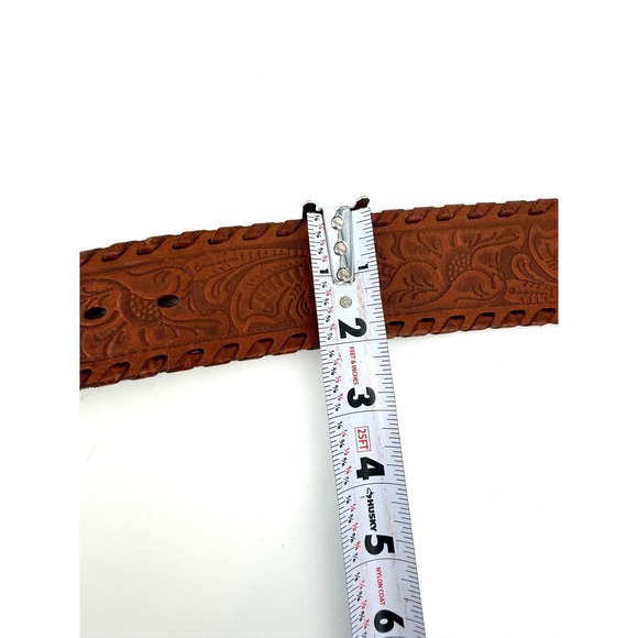 Ralph Lauren Brown Tooled Leather Whipstitch‎ Western Belt Brass Buckle Med Vtg main image 14